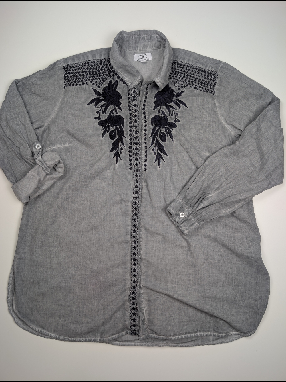 Chic Connection CC Boho Embroidered Cotton Button Up Blouse Grey Size M